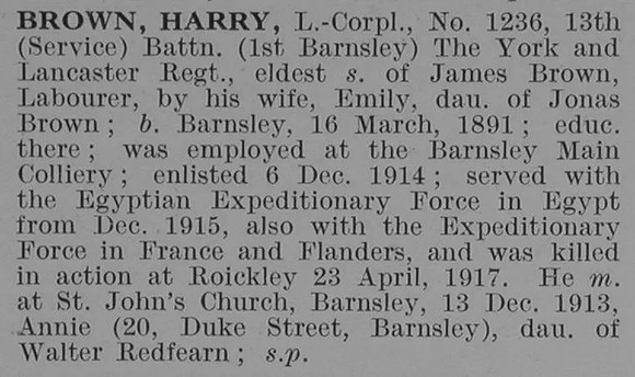 Brown H L/Cpl 13th York & Lancs Regiment Obit De Ruvignys Roll Of Honour Vol 3