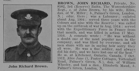 Brown J R Pte 3rd Worcestershire Regiment Obit De Ruvignys Roll Of Honour Vol 3