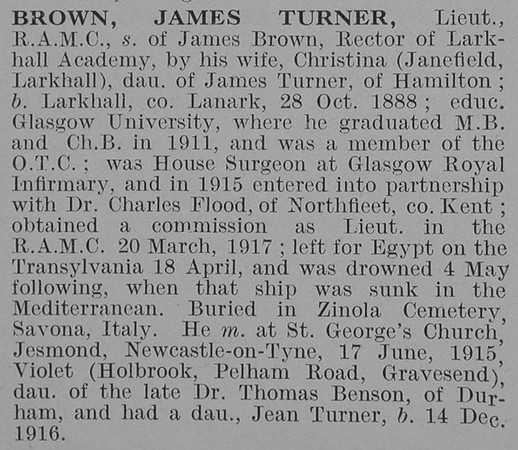 Brown J T Lt Royal Army Medical Corps Obit De Ruvignys Roll Of Honour Vol 3