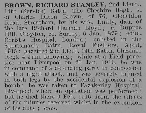 Brown R S 2nd Lt 14th Cheshire Regiment Obit De Ruvignys Roll Of Honour Vol 3