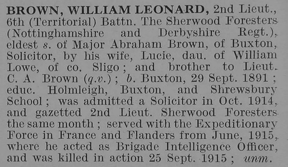 Brown W L 2nd Lt 6th Notts & Derby Regiment Obit De Ruvignys Roll Of Honour Vol 3