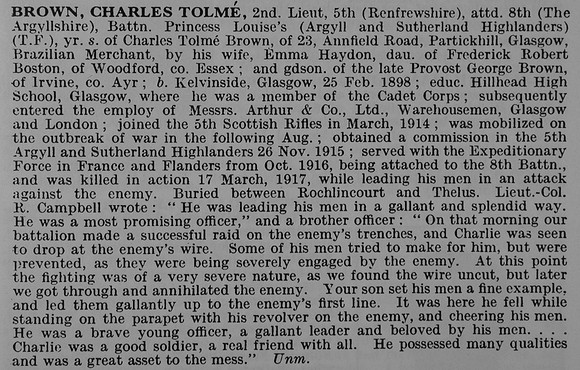 Brown C T 2nd Lt 8th Argyll And Sutherland Highlanders