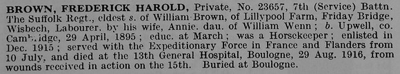 Brown F H Pte 23657 7th Suffolk Regiment