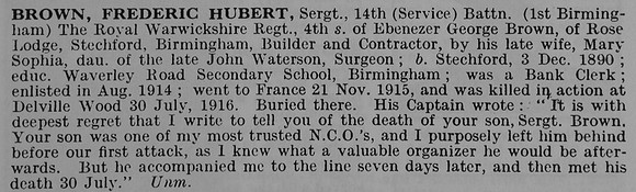 Brown F H Sergt 14th Royal Warwickshire Regiment