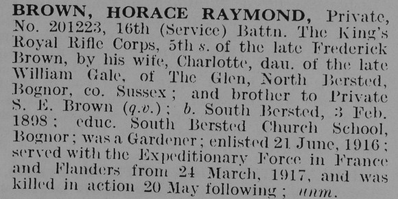 Brown H R Pte 201223 16th King's Royal Rifle Corps
