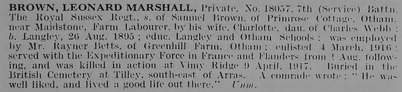 Brown L M Pte 18057 7th Royal Sussex Regiment