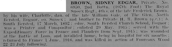 Brown S E Pte 6950 2nd Royal Sussex Regiment
