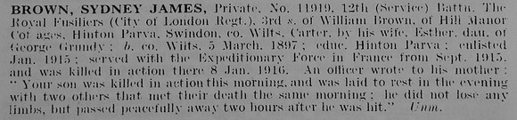 Brown S J Pte 11919 12th Royal Fusiliers