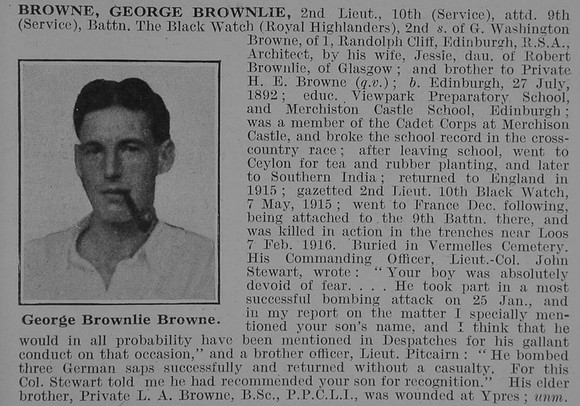 Browne G B 2nd Lt 9th Black Watch Obit De Ruvignys Roll Of Honour Vol 3