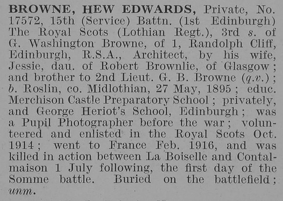 Browne H E Pte 15th Royal Scots Obit De Ruvignys Roll Of Honour Vol 3