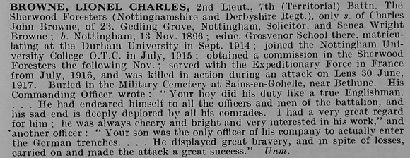 Browne L C 2nd Lt 7th Notts And Derby Regiment