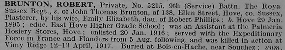 Brunton R Pte 5215 9th Roya Sussex Regiment
