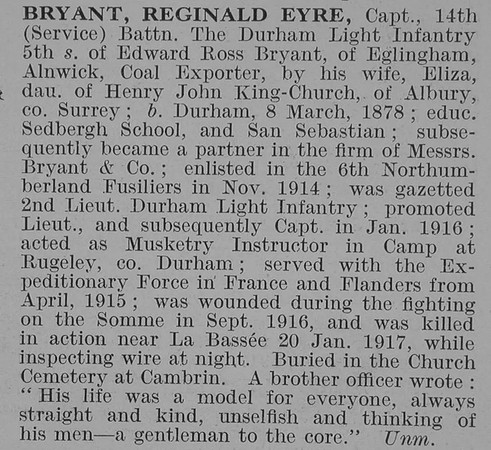 Bryant R E Captain 14th Durham Light Infantry Obit De Ruvignys Roll Of Honour Vol 3