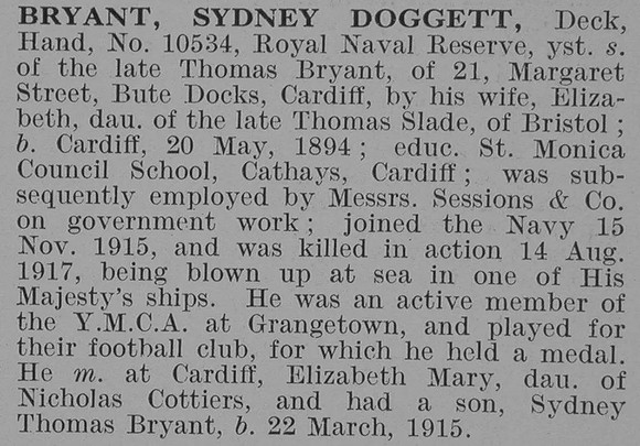 Bryant S D Deck Hand Royal Naval Reserve Obit De Ruvignys Roll Of Honour Vol 3