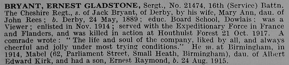 Bryant E G Sergt 21474 16th Cheshire Regiment