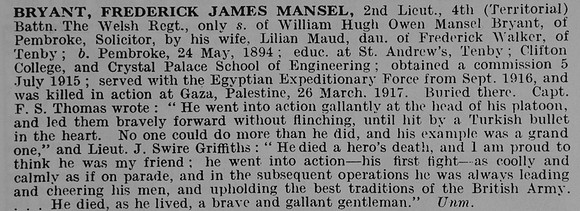 Bryant F J M 2nd Lt 4th Welsh Regiment