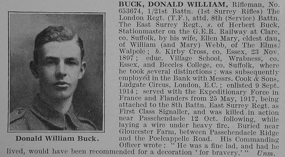 Buck D W Rfn 21st London Regiment Obit De Ruvignys Roll Of Honour Vol 3