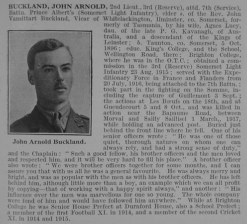 Buckland J A 2nd Lt 7th Somerset Light Infantry Obit De Ruvignys Roll Of Honour Vol 3