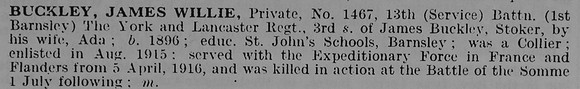 Buckley J W Pte 1467 13th York And Lancs Regiment
