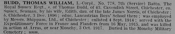 Budd T W L/Cpl 78 7th Royal Sussex Regiment