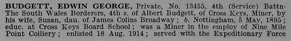 Budgett E G Pte 13455 4th South Wales Borderers Part 1