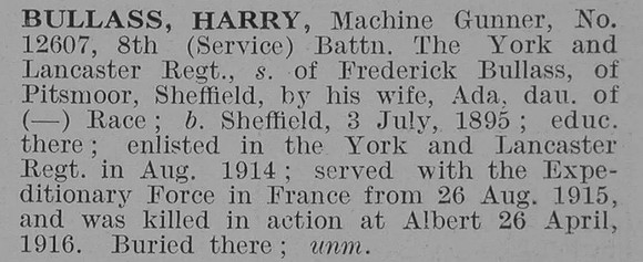 Bullass H Pte York & Lancs Regiment Obit De Ruvignys Roll Of Honour Vol 3
