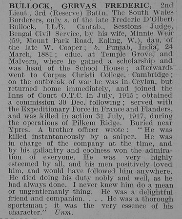 Bullock G F 2nd Lt 3rd South Wales Borderers Obit De Ruvignys Roll Of Honour Vol 3