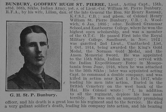 Bunbury G H St P Lt Indian Army Obit Part 1 De Ruvignys Roll Of Honour Vol 3