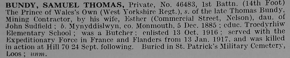 Bundy S T Pte 46483 1st West Yorkshire Regiment