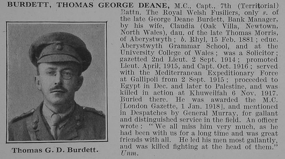 Burdett T G D Captain MC 7th Royal Welsh Fusiliers Obit De Ruvignys Roll Of Honour Vol 3