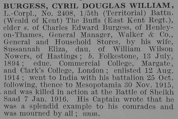 Burgess C D W L/Cpl 5th East Kent Regiment Obit De Ruvignys Roll Of Honour Vol 3