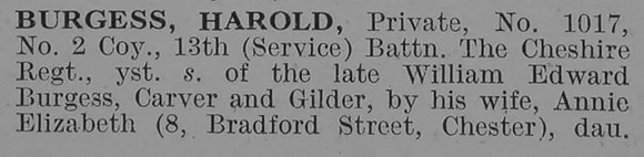 Burgess H Pte 13th Cheshire Regiment Obit Part 1 De Ruvignys Roll Of Honour Vol 3