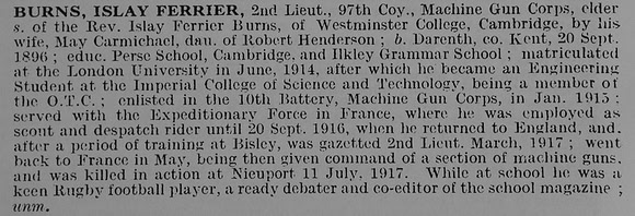 Burns I F 2nd Lt Machine Gun Corps