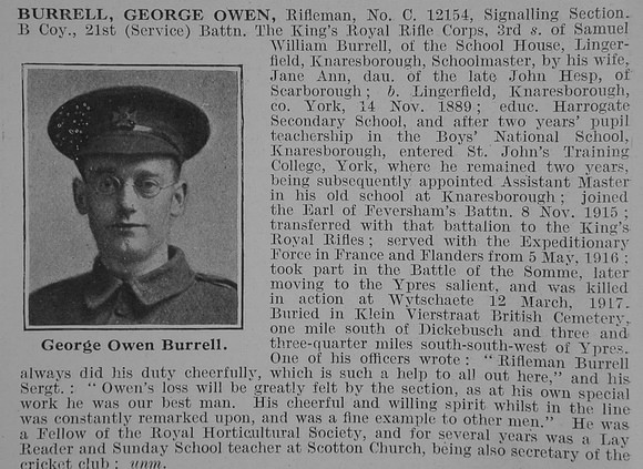 Burrell G O Rfn 21st King's Royal Rifle Corps Obit De Ruvignys Roll Of Honour Vol 3