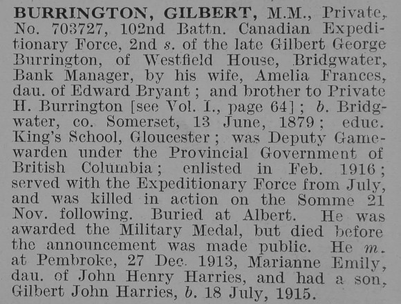 Burrington G Pte MM 102nd Canadian Expeditionary Force Obit De Ruvignys Roll Of Honour Vol 3