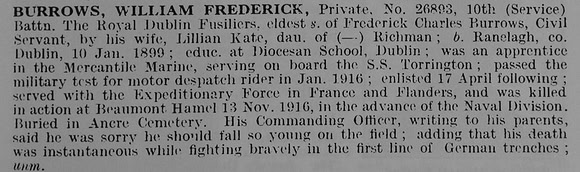 Burrows W F Pte 26893 10th Royal Dublin Fusiliers