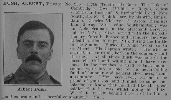 Bush A Pte 7th Middlesex Regiment Obit De Ruvignys Roll Of Honour Vol 3