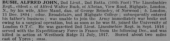 Bush A J 2nd Lt 2nd Lincolnshire Regiment