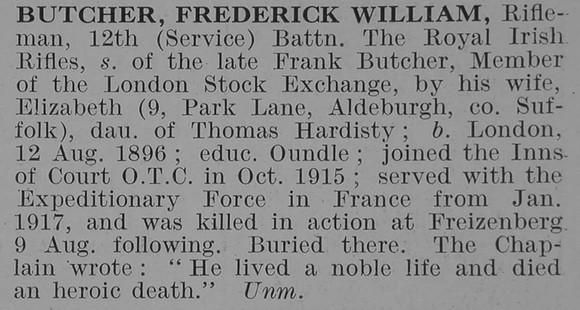 Butcher F W Rfn 12th Royal Irish Rifles Obit De Ruvignys Roll Of Honour