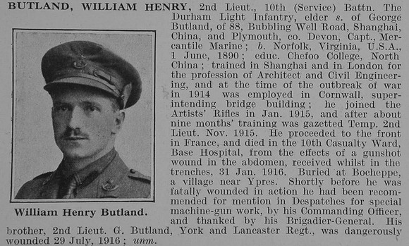 Butland W H 2nd Lt 10th Durham Light Infantry Obit De Ruvignys Roll Of Honour Vol 3
