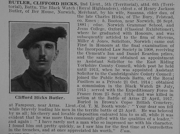 Butler C H 2nd Lt 6th Black Watch Obit De Ruvignys Roll Of Honour Vol 3