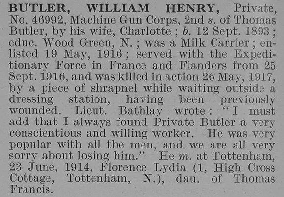 Butler W H Pte Machine Gun Corps Obit De Ruvignys Roll Of Honour Vol 3
