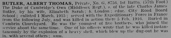 Butler A T Pte G/8756 1st Middlesex Regiment