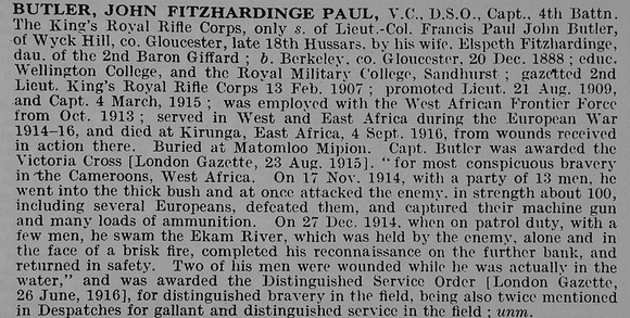 Butler J F P Captain VC DSO 4th King's Royal Rifle Corps