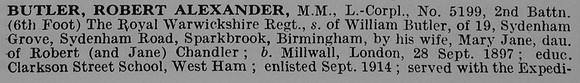 Butler R A L/Cpl MM 5199 2nd Royal Warwickshire Regiment Part 1