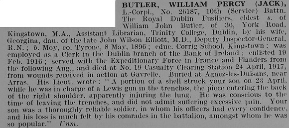 Butler W P L/Cpl 26187 10th Royal Dublin Fusiliers