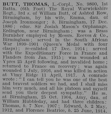 Butt T L/Cpl 1st Royal Warwickshire Regiment Obit De Ruvignys Roll Of Honour Vol 3