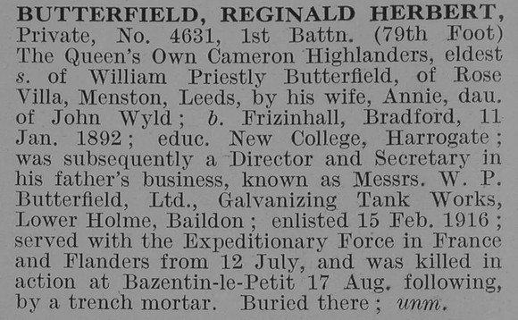 Butterfield R H Pte 1st Cameron Highlanders Obit De Ruvignys Roll Of Honour Vol 3