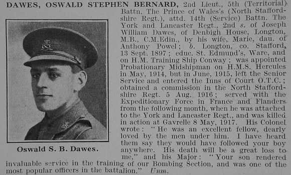 Dawes O S B 2nd Lt 5th North Staffs Regiment Obit De Ruvignys Roll Of Honour Vol 3