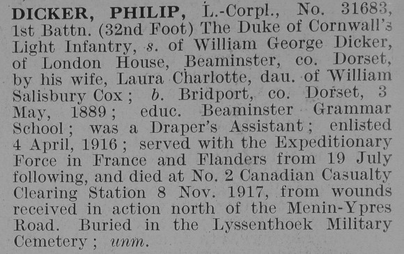 Dicker P L/Cpl 1st Duke Of Cornwall's Light Infantry Obit De Ruvignys Roll Of Honour Vol 3
